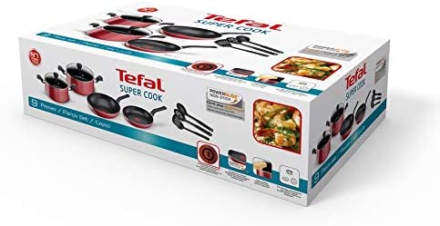 Tefal Super Cook Kit de cuisson antiadhésif avec thermo-spot 9 pièces, rouge, aluminium, B243S986
