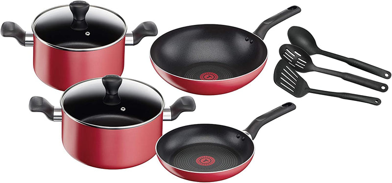 Tefal Super Cook Kit de cuisson antiadhésif avec thermo-spot 9 pièces, rouge, aluminium, B243S986